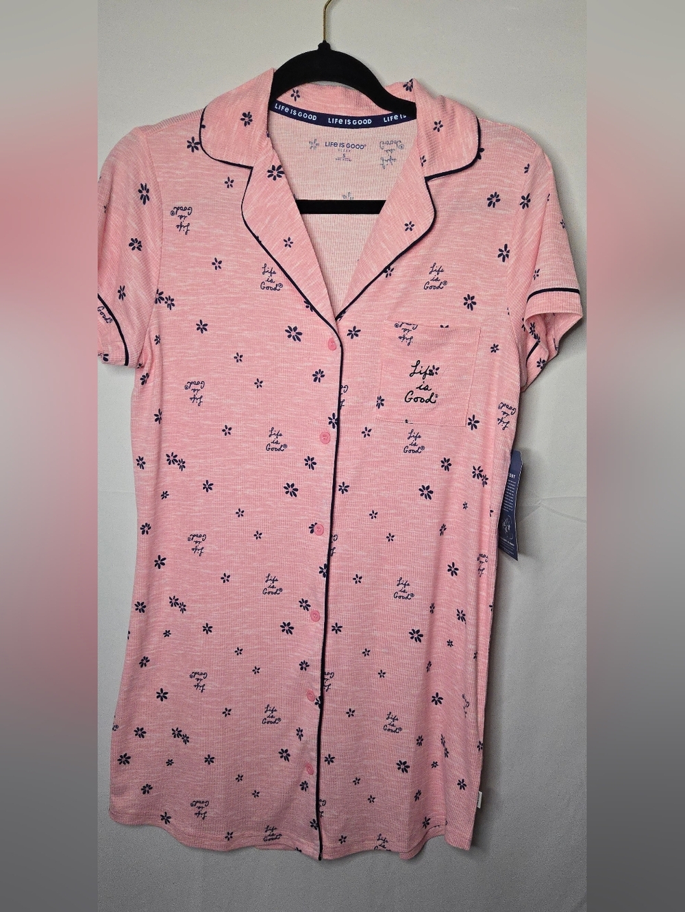 NWT Life Is Good Pink Short Sleeve Button-Front Nightshirt Dress Navy Trim Small